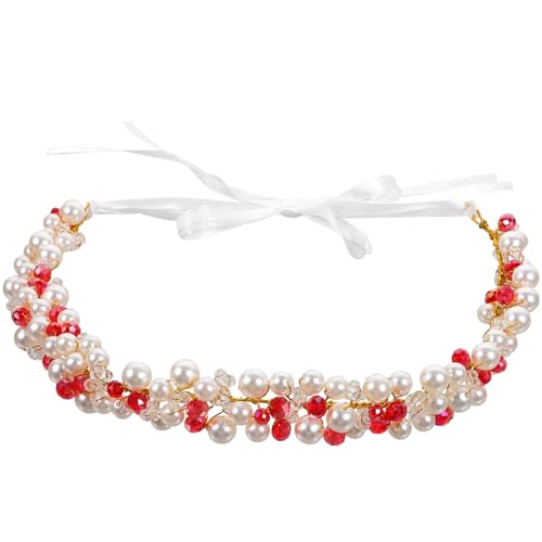 NOLITOY Perlen-Braut-Stirnband Strass-Haarbänder Glitzerndes Perlen-Stirnband Haarreifen Hochzeits-Stirnband Perlen-Haar-Accessoires Für Frauen Und Mädchen Rot von NOLITOY