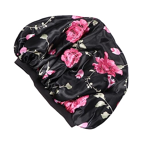 NOLITOY Extra Große Satin Schlafmütze Mit Elastischem Rand Und Blumenmuster Für Zuhause Salon Und Dusche Bequem Und Atmungsaktiv Für Damen Schwarz von NOLITOY