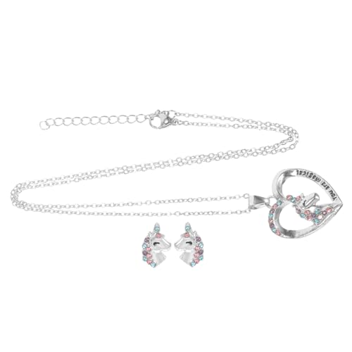 NOLITOY Schmuck Set Einhorn Halskette und Ohrringe Herzförmiger Anhänger Silberfarben Langlebig und Sicher Modisch und Angenehm für Mädchengeburtstag und Alltag von NOLITOY