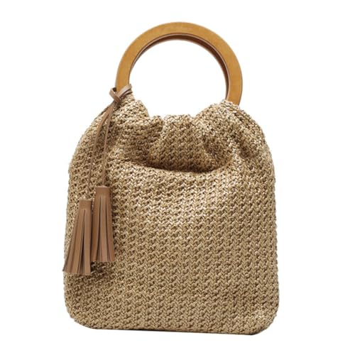 NOLITOY Strandtasche Damen Handtasche aus Gewebtem Stroh mit Rundem Holzgriff Geräumige Umhängetasche für Alltag und Urlaub Modisch Leicht Praktische Schultertasche für Frauen von NOLITOY