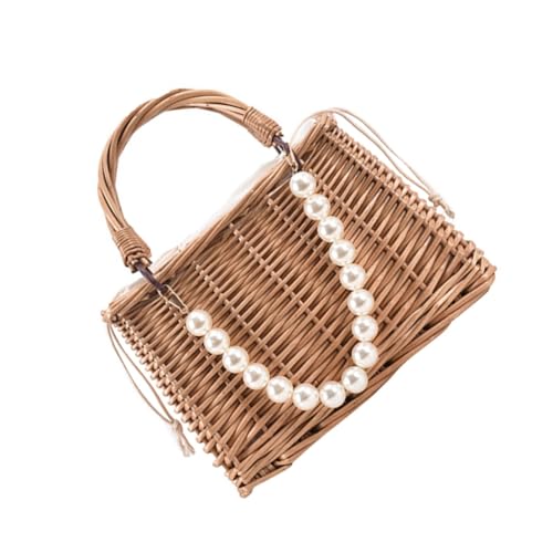 NOLITOY Strandtasche Damen Stroh Geflochtene Handtasche mit Perlen Handgriff Mittelgroß Leicht Für Urlaub Shopping Freizeit Beach Bag von NOLITOY