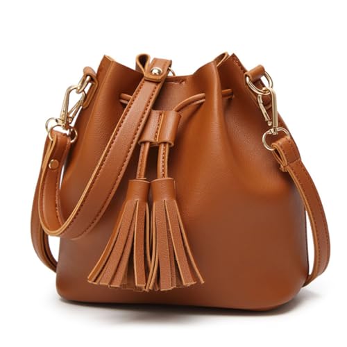 NOLITOY Stylische Damen Crossbody Bucket Bag mit Quasten Verstellbarem Schultergurt Praktische Kleine Handtasche für Alltag Arbeit und Reisen Braune Umhängetasche für Frauen und Mädchen von NOLITOY