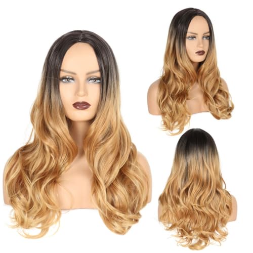 NOLITOY Perücke Damen Mittellang Lockiges Haar Realistisch Haarschmuck Für Frauen Mädchen Netz-perückenabdeckung Atmungsaktiv Farbverlauf Schwarz Hellgold von NOLITOY