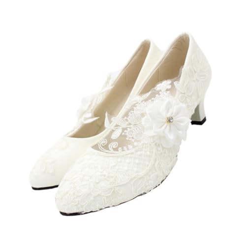 NOLITOY Weiße Brautschuhe Damen Spitzen Hochzeitsschuhe mit Mittelhohem Blockabsatz Eleganter Zehenbereich Leicht und Langlebig für Hochzeiten und Festliche Anlässe von NOLITOY