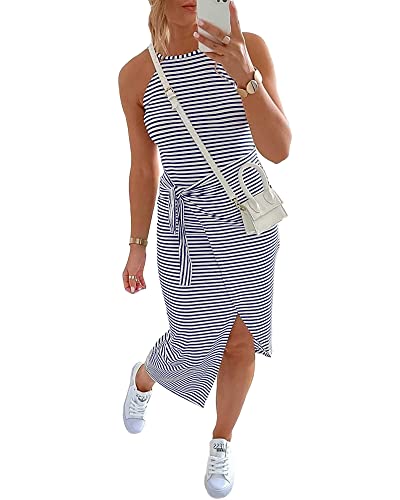 NOLLSOM Damen Casual Ärmellos Gestreiftes Tank Midi Kleider Neckholder Ruched Bodycon Kleider Tie Taille T-Shirt Sommerkleid, Marineblau gestreift, X-Groß von NOLLSOM