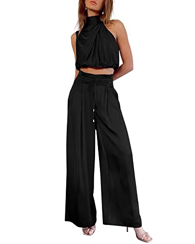 NOLLSOM Damen Casual Sommer Zweiteiliges Outfit Ärmellos Neckholder Tank Crop Tops Breite Lange Hose Trainingsanzug Lounge Set, Einfarbig Schwarz, XX-Large von NOLLSOM