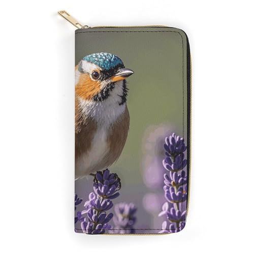 Damengeldbörse Vogel in lila Lavendel Blumenmuster Leder Geldbörse für die Arbeit Reißverschluss Geldbörse Telefonhalter lange Geldbörse ultradünne Geldbörse mit Reißverschlusstasche zum Einkaufen, von NONHAI