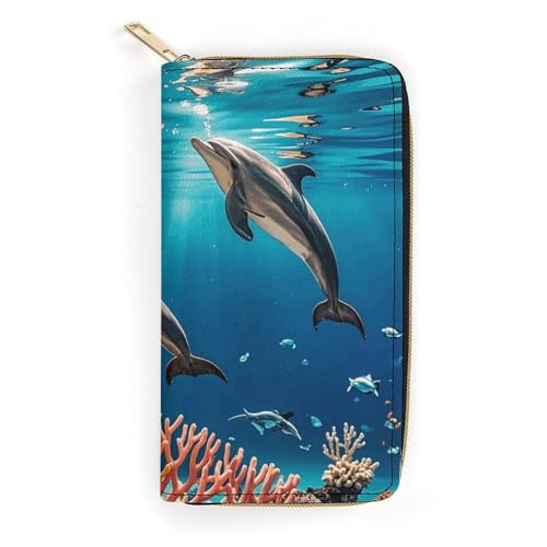 NONHAI Damen-Geldbörse, schöne Delfine, Korallenleder, Geldbörse für die Arbeit, Reißverschluss, Handyhalter, lange Geldbörse, ultradünne Geldbörse mit Reißverschlusstasche zum Einkaufen, Stil, 19,8 x von NONHAI