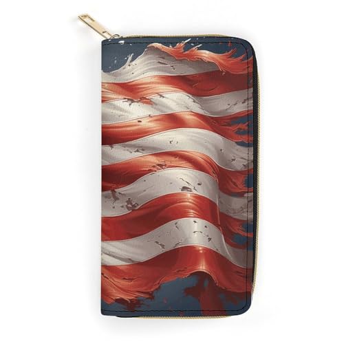 NONHAI Damen-Geldbörse mit Sternen und Streifen, Ledergeldbörse für die Arbeit, Reißverschluss, Handyhalter, lange Geldbörse, ultradünne Geldbörse mit Reißverschlusstasche zum Einkaufen, Stil, 19,8 x von NONHAI