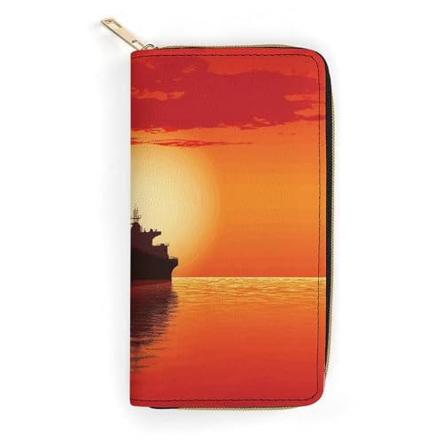 NONHAI Damengeldbörse The Tanker Ship on Red Sunrise Leder Geldbörse für die Arbeit Reißverschluss Geldbörse Handyhalter lange Geldbörse ultradünne Geldbörse mit Reißverschlusstasche zum Einkaufen, von NONHAI