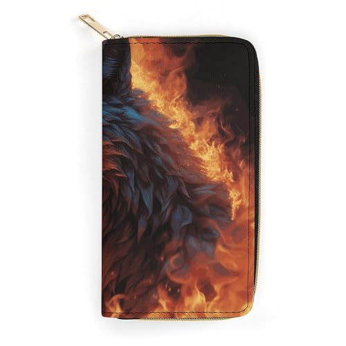 NONHAI Damengeldbörse Wolf umgeben von Feuer Leder Geldbörse für die Arbeit Reißverschluss Geldbörse Telefonhalter lange Geldbörse ultradünne Geldbörse mit Reißverschlusstasche zum Einkaufen, Stil, von NONHAI
