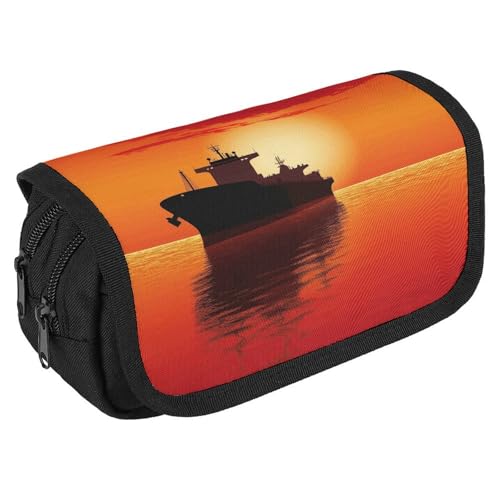 NONHAI Federmäppchen, Motiv: Silhouette des Tankschiffs auf rotem Sonnenaufgang, tragbares Federmäppchen, Schreibtisch-Organizer, Marker, Stifteetui, Doppel-Reißverschluss, Aufbewahrungstasche, Stil, von NONHAI