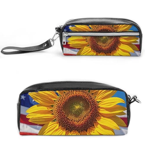 NONHAI Federmäppchen, Motiv: Sonnenblume und amerikanische Flagge, Make-up-Tasche, großes Fassungsvermögen, Kosmetiktasche für Männer und Frauen, Stifttasche für Bürobedarf, Stil, 20 x 10 x 5,5 cm, NONHAI Federmäppchen, Motiv: Sonnenblume und amerikanische Flagge, Make-up-Tasche, großes Fassungsvermögen, Kosmetiktasche für Männer und Frauen, Stifttasche für Bürobedarf, Stil, 20 x 10 x 5,5 cm, von NONHAI