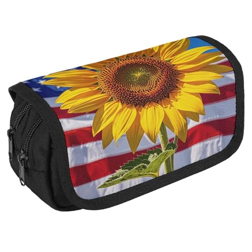 NONHAI Federmäppchen, Motiv: Sonnenblume und amerikanische Flagge, tragbares Federmäppchen, Schreibtisch-Organizer, Marker, Stifteetui, Aufbewahrungstasche mit doppeltem Reißverschluss, Einheitsgröße, von NONHAI