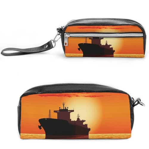 NONHAI Federmäppchen, Silhouette des Tankschiffs auf rotem Sonnenaufgang, Make-up-Tasche, großes Fassungsvermögen, Bleistiftbox, Kosmetiktasche für Männer und Frauen, Stifttasche für Bürobedarf, Stil, von NONHAI