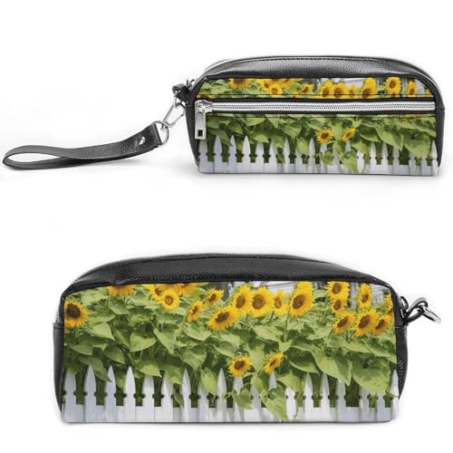 NONHAI Federmäppchen, Sonnenblumen, weißer Lattenzaun, Make-up-Tasche, großes Fassungsvermögen, Bleistiftbox, Kosmetiktasche für Männer und Frauen, Stifttasche für Bürobedarf, Stil, 20 x 10 x 5,5 cm, von NONHAI
