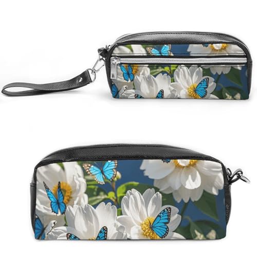 NONHAI Federmäppchen, weiße Blüten mit blauen Schmetterlingen, Make-up-Tasche, großes Fassungsvermögen, Bleistiftbox, Kosmetiktasche für Männer und Frauen, Stifttasche für Bürobedarf, Stil, 20 x 10 x von NONHAI