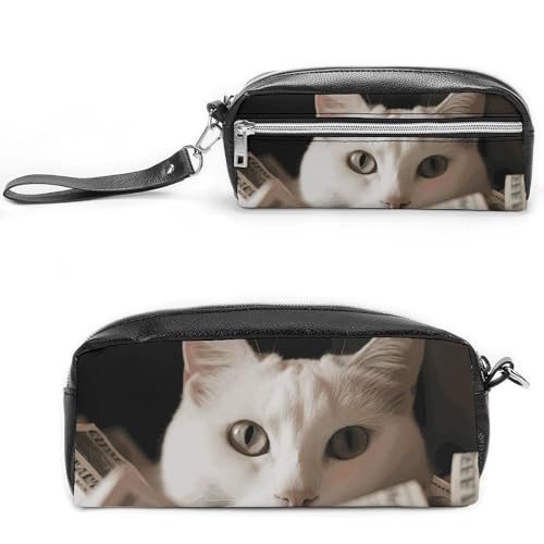 NONHAI Federmäppchen für Männer und Frauen, Make-up-Tasche, große Kapazität, Bleistiftbox, Kosmetiktasche, weiße Katze und Stapel von Dollar, Bleistifttasche für Bürobedarf, Stil:, 20*10*5.5cm von NONHAI