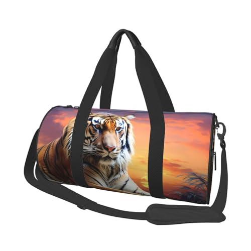 Reisetasche mit Baumzweig-Silhouette bei Dämmerung, für Damen und Herren, Sport, faltbar, Wochenendtasche, Handgepäck, Übernachtungstasche, für Reisen, Schwimmen, Basketball, Tiger bunter von NONHAI