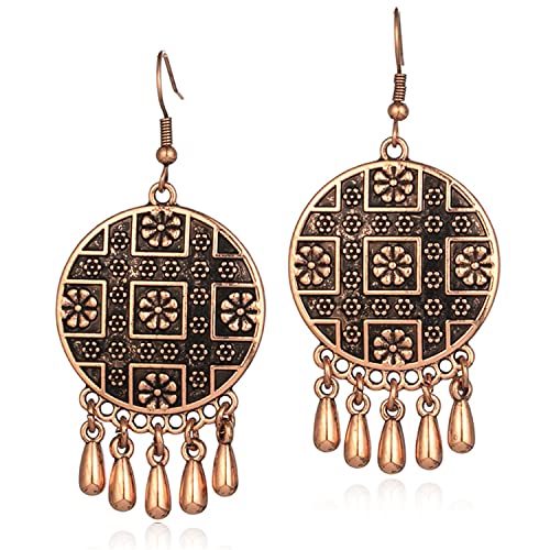 Handgefertigte böhmische Vintage Gold Bronze Runde Blume Geometrie Baumeln Tropfen Ohrringe mit vielen Tropfenanhänger für Frauen Mädchen, Metall von NONQL