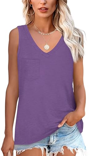 NONSAR Armelloses Shirt Damen Basic Sommer Elastische Tank Top mit V Ausschnitt Lässige Trägershirt mit Tasche Locker Top Bequeme Unterhemden(9362L,Violett) von NONSAR