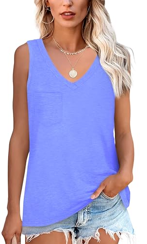 NONSAR Armelloses Shirt Damen Basic Sommer Elastische Tank Top mit V Ausschnitt Lässige Trägershirt mit Tasche Locker Top Bequeme Unterhemden(9362M,Blau) von NONSAR