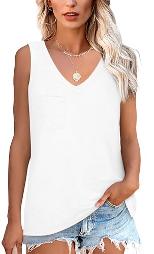 NONSAR Armelloses Shirt Damen Basic Sommer Elastische Tank Top mit V Ausschnitt Lässige Trägershirt mit Tasche Locker Top Bequeme Unterhemden(9362XL,Weiß) von NONSAR