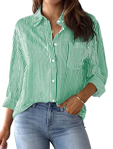 NONSAR Bluse Damen Elegant Langarm Streifenbluse Hemden mit Knöpfen Casual Büro Arbeit Blusen Baumwolle Tunika Hemd Oberteile Tops(9359L,Grün) von NONSAR