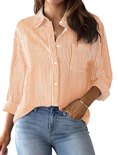 NONSAR Bluse Damen Elegant Langarm Streifenbluse Hemden mit Knöpfen Casual Büro Arbeit Blusen Baumwolle Tunika Hemd Oberteile Tops(9359L,Orange) von NONSAR