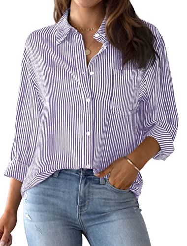 NONSAR Bluse Damen Elegant Langarm Streifenbluse Hemden mit Knöpfen Casual Büro Arbeit Blusen Baumwolle Tunika Hemd Oberteile Tops(9359L,Violett) von NONSAR