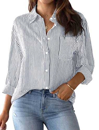 NONSAR Bluse Damen Elegant Langarm Streifenbluse Hemden mit Knöpfen Casual Büro Arbeit Blusen Baumwolle Tunika Hemd Oberteile Tops(9359S,Grau) von NONSAR