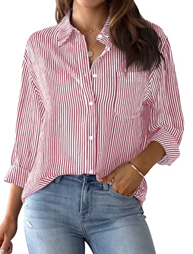 NONSAR Bluse Damen Elegant Langarm Streifenbluse Hemden mit Knöpfen Casual Büro Arbeit Blusen Baumwolle Tunika Hemd Oberteile Tops(9359S,Rot) von NONSAR