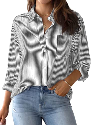 NONSAR Bluse Damen Elegant Langarm Streifenbluse Hemden mit Knöpfen Casual Büro Arbeit Blusen Baumwolle Tunika Hemd Oberteile Tops(9359S,Schwarz) von NONSAR