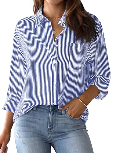 NONSAR Bluse Damen Elegant Langarm Streifenbluse Hemden mit Knöpfen Casual Büro Arbeit Blusen Baumwolle Tunika Hemd Oberteile Tops(9359XL,Blau) von NONSAR