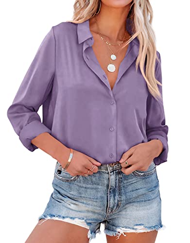 NONSAR Bluse Damen Elegant Lange Ärmel Hemdbluse mit Stehkragen Büroblusen Lässige Oberteile(9352L,Violett) von NONSAR