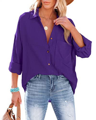 NONSAR Bluse Damen Lässiges Hemd mit V-Ausschnitt 100% Baumwolle Lockere Passform Solide Dickes Oberteil Elegant mit Tasche(9353L,Violett) von NONSAR