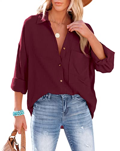 NONSAR Bluse Damen Lässiges Hemd mit V-Ausschnitt 100% Baumwolle Lockere Passform Solide Dickes Oberteil Elegant mit Tasche(9353L,Weinrot) von NONSAR