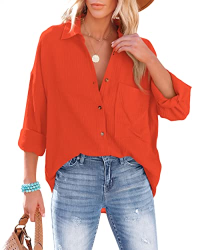 NONSAR Bluse Damen Lässiges Hemd mit V-Ausschnitt 100% Baumwolle Lockere Passform Solide Dickes Oberteil Elegant mit Tasche(9353XXL,Orange) von NONSAR