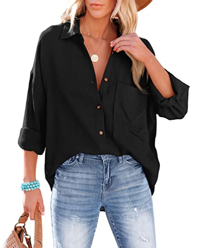 NONSAR Bluse Damen Lässiges Hemd mit V-Ausschnitt 100% Baumwolle Lockere Passform Solide Dickes Oberteil Elegant mit Tasche(9353XXL,Schwarz) von NONSAR