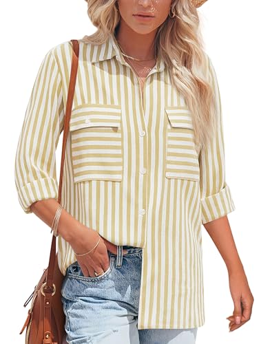 NONSAR Bluse Damen Langarm Streifen Oberteile Casual Gestreiftes Hemd Baumwolle Tunika Langarmshirt Tops Leinenbluse(9373L,Gelb) von NONSAR