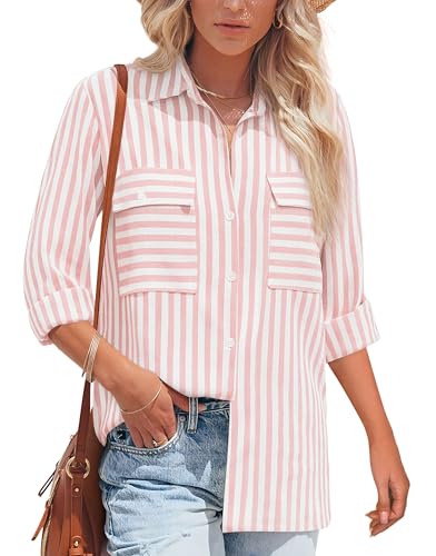 NONSAR Bluse Damen Langarm Streifen Oberteile Casual Gestreiftes Hemd Baumwolle Tunika Langarmshirt Tops Leinenbluse(9373L,Rosa) von NONSAR