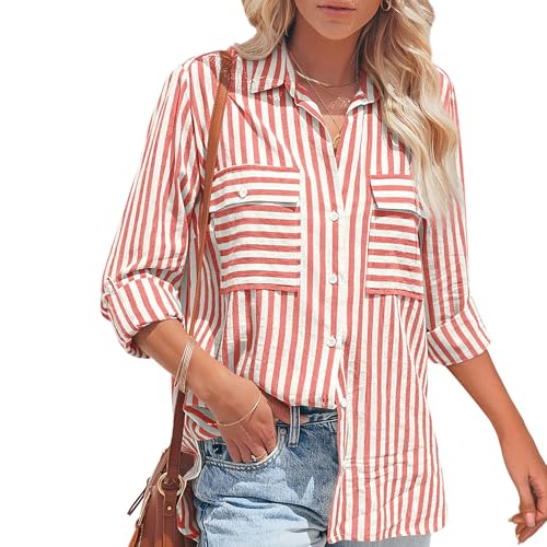 NONSAR Bluse Damen Langarm Streifen Oberteile Casual Gestreiftes Hemd Baumwolle Tunika Langarmshirt Tops Leinenbluse(9373L,Rot) von NONSAR
