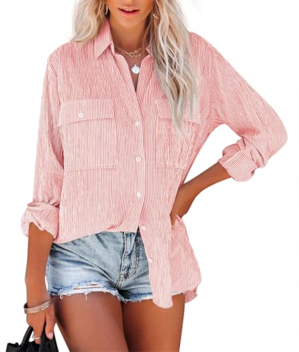 NONSAR Bluse Damen Langarm Streifen Oberteile Casual Gestreiftes Hemd Baumwolle Tunika Langarmshirt Tops Leinenbluse(9373S,Nadelstreifen Rot) von NONSAR