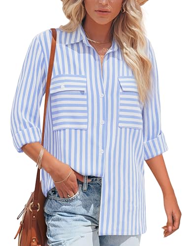 NONSAR Bluse Damen Langarm Streifen Oberteile Casual Gestreiftes Hemd Baumwolle Tunika Langarmshirt Tops Leinenbluse(9373XL,Blau) von NONSAR