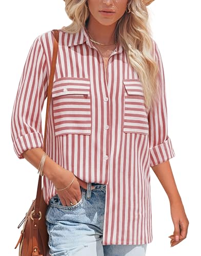 NONSAR Bluse Damen Langarm Streifen Oberteile Casual Gestreiftes Hemd Baumwolle Tunika Langarmshirt Tops Leinenbluse(9373XL,Rot) von NONSAR
