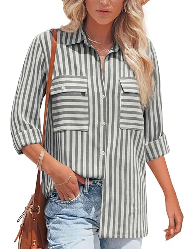NONSAR Bluse Damen Langarm Streifen Oberteile Casual Gestreiftes Hemd Baumwolle Tunika Langarmshirt Tops Leinenbluse(9373XL,Schwarz) von NONSAR