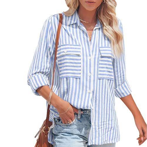 NONSAR Bluse Damen Langarm Streifen Oberteile Casual Gestreiftes Hemd Baumwolle Tunika Langarmshirt Tops Leinenbluse(9373XXL,Blau) von NONSAR