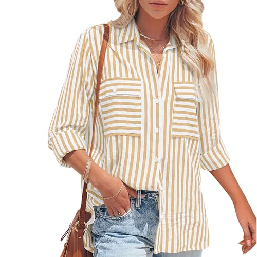 NONSAR Bluse Damen Langarm Streifen Oberteile Casual Gestreiftes Hemd Baumwolle Tunika Langarmshirt Tops Leinenbluse(9373XXL,Gelb) von NONSAR