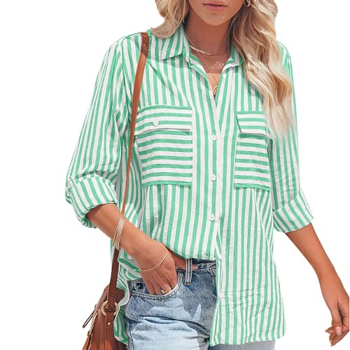 NONSAR Bluse Damen Langarm Streifen Oberteile Casual Gestreiftes Hemd Baumwolle Tunika Langarmshirt Tops Leinenbluse(9373XXL,Grün) von NONSAR