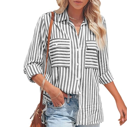 NONSAR Bluse Damen Langarm Streifen Oberteile Casual Gestreiftes Hemd Baumwolle Tunika Langarmshirt Tops Leinenbluse(9373XXL,Schwarz) von NONSAR
